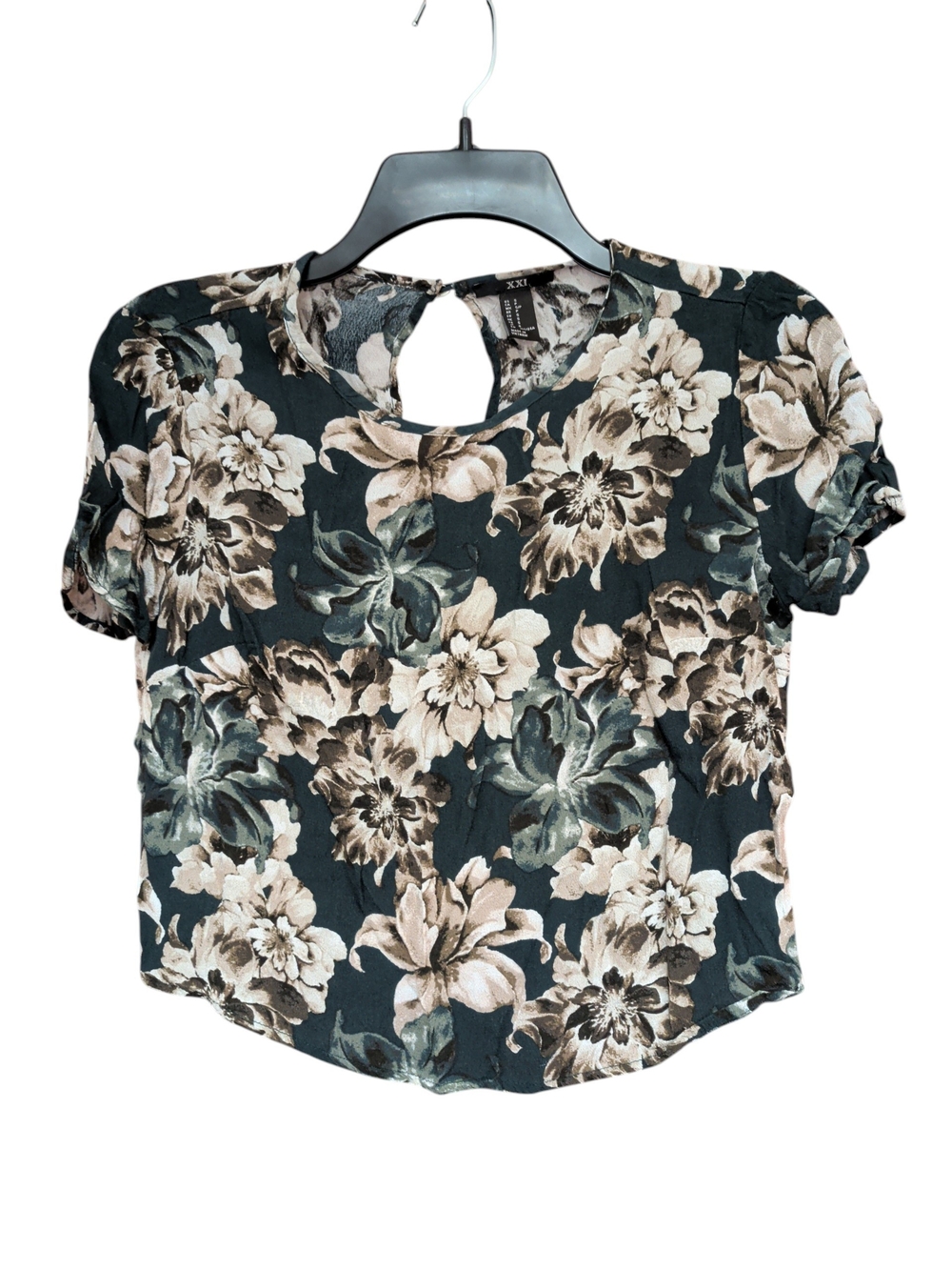 Forever 21 Dark Green Floral Keyhole Short Sleeve Top Size S